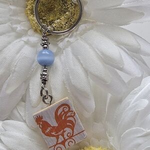 Rooster Charm Keychain with Blue Bead